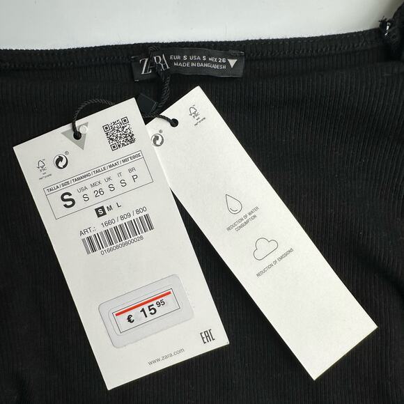 NWT Zara Black Square Neck Puff Sleeve Crop Top Womens Size S Stretchy - Picture 7 of 9